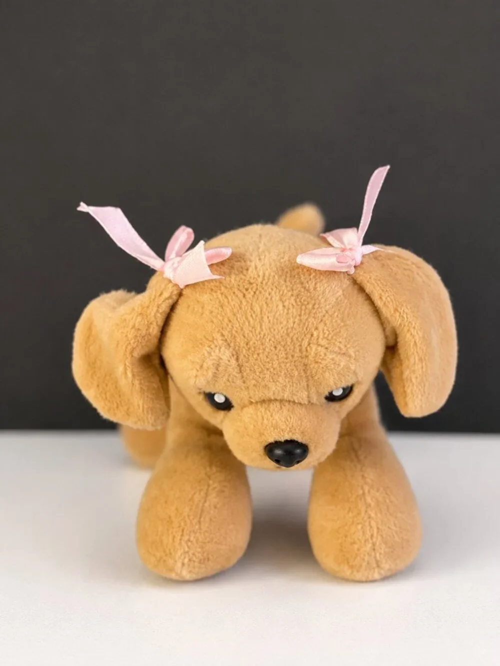 Tan Plush Puppy Dog with Pink Bows – Cute Stuffed Animal Toy